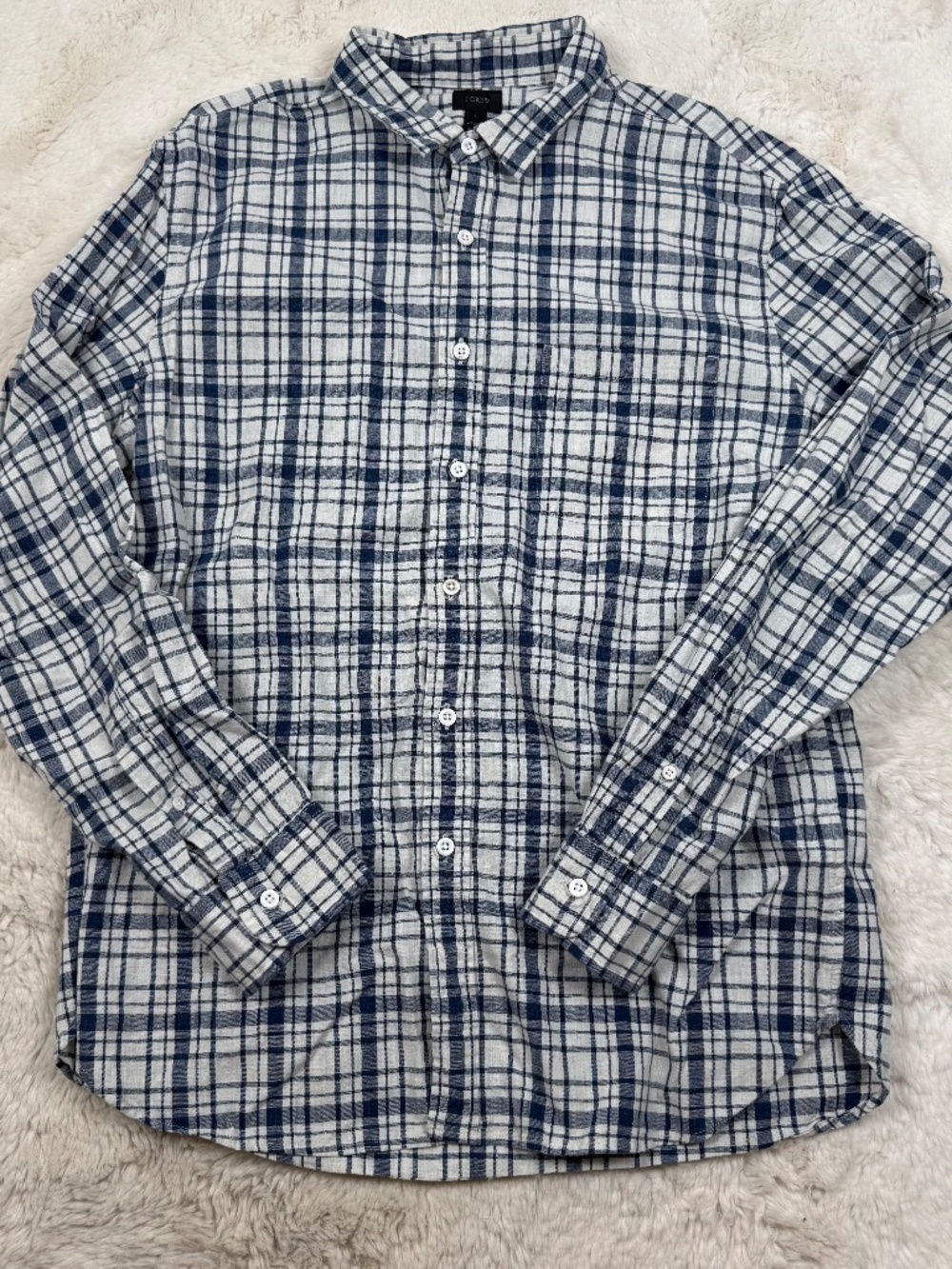 J. Crew Button Down Long Sleeve Shirt Blue White Plaid Check Cotton Men's Large